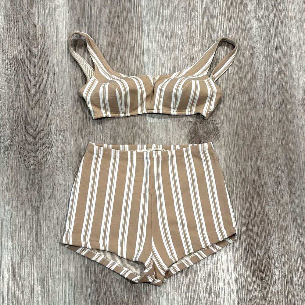 RARE Vintage 1950s Pinstripe Two Piece Bikini Swimsuit Women's Sz XS Brown Cream